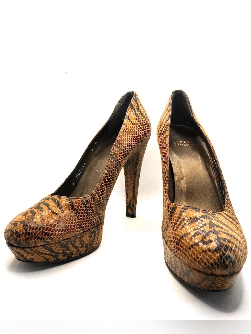 STUART WEITZMAN BROWN & BLACK LEATHER ANIMAL PRINT SNAKESKIN EMBOSSED HEELS (9)
